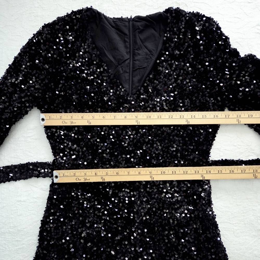 Black Sequin Long Sleeve Romper With V-Neckline & Removable Belt, Size Small - Picture 10 of 16